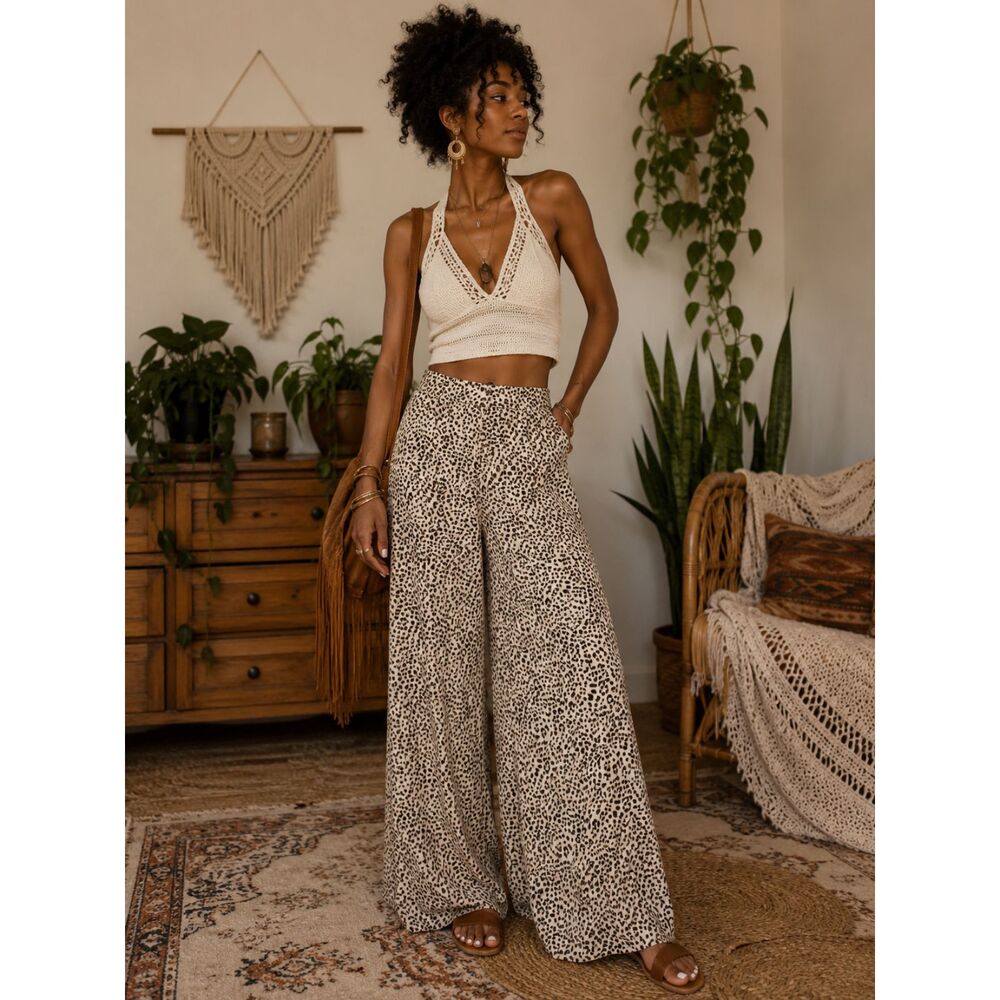 Leopard Print Wide Leg Palazzo Pants High Waisted Flowy Animal Trousers L